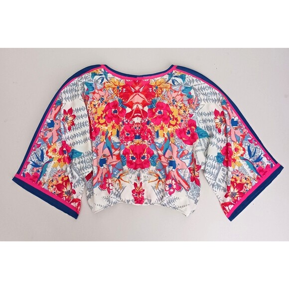 Flying Tomatoe Crop V Neck Kimono Top Colorful Floral Print Stretch Waist Sz M - Picture 3 of 8